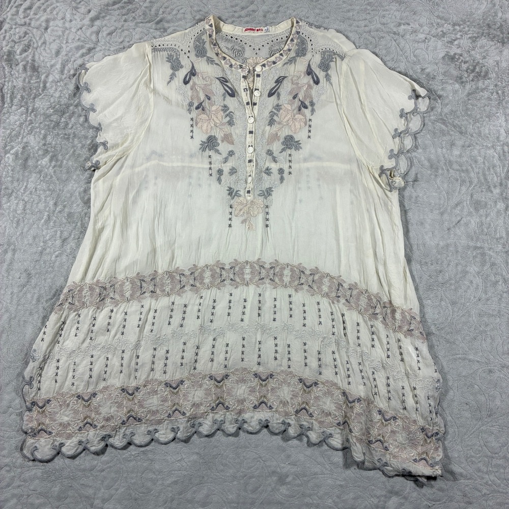 Johnny Was Fletcher Tunic Top Size XXL Cream Embroidered Boho Peasant Top Sheer